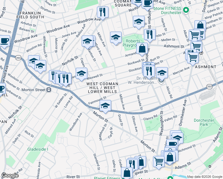 map of restaurants, bars, coffee shops, grocery stores, and more near 115 Fairmount Street in Boston