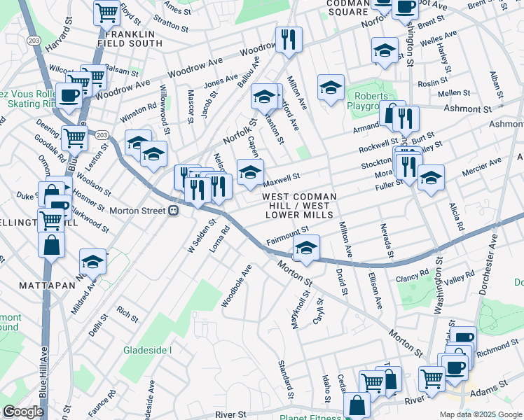map of restaurants, bars, coffee shops, grocery stores, and more near 98 Selden Street in Boston