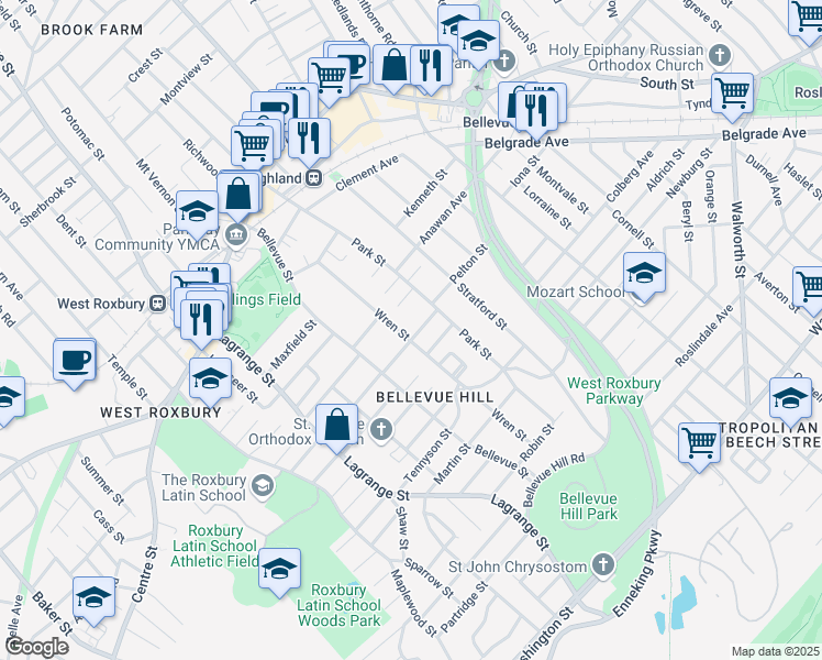 map of restaurants, bars, coffee shops, grocery stores, and more near 16 Oriole Street in Boston