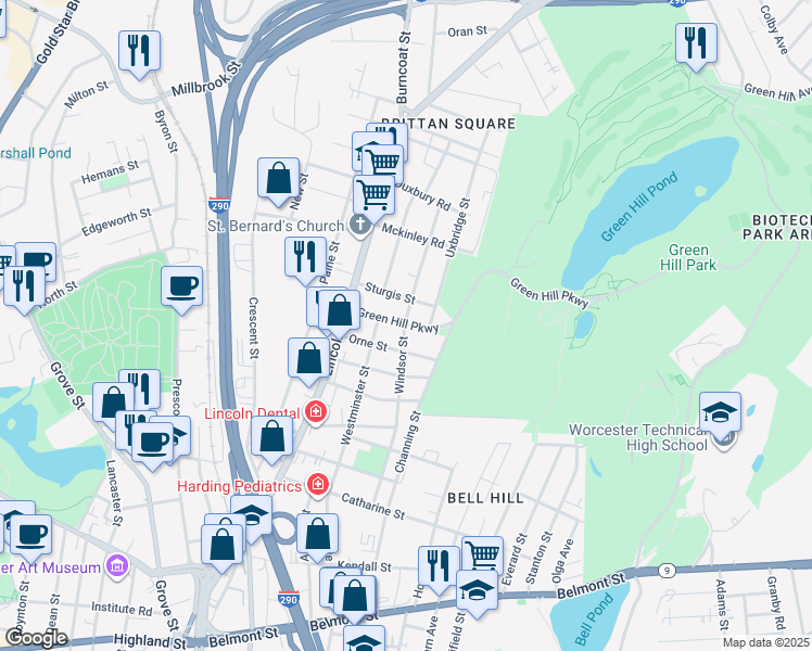 map of restaurants, bars, coffee shops, grocery stores, and more near 98 Green Hill Parkway in Worcester