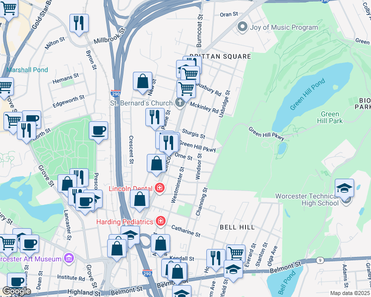 map of restaurants, bars, coffee shops, grocery stores, and more near in Worcester
