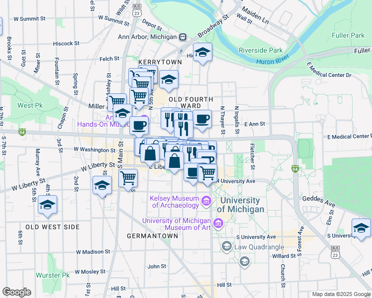 map of restaurants, bars, coffee shops, grocery stores, and more near in Ann Arbor