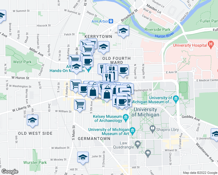 map of restaurants, bars, coffee shops, grocery stores, and more near in Ann Arbor