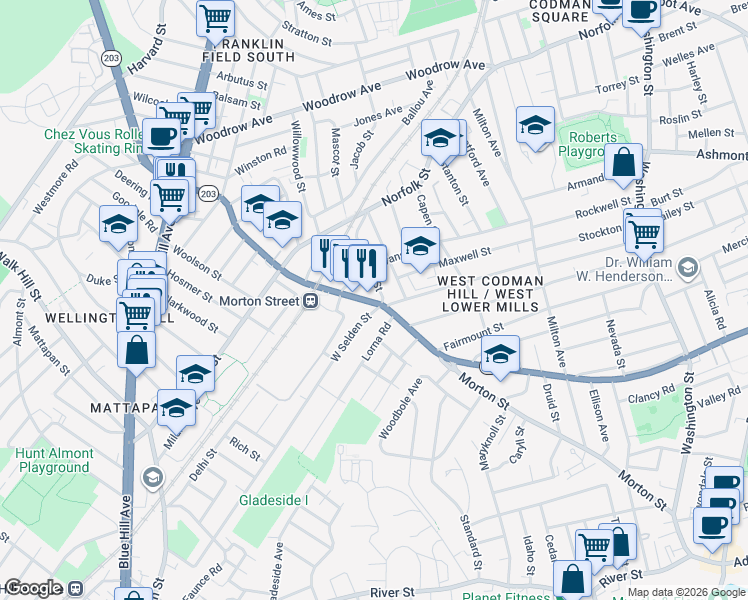 map of restaurants, bars, coffee shops, grocery stores, and more near 907 Morton Street in Boston