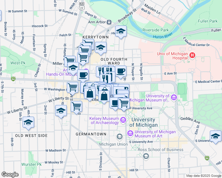map of restaurants, bars, coffee shops, grocery stores, and more near 425 East Washington Street in Ann Arbor
