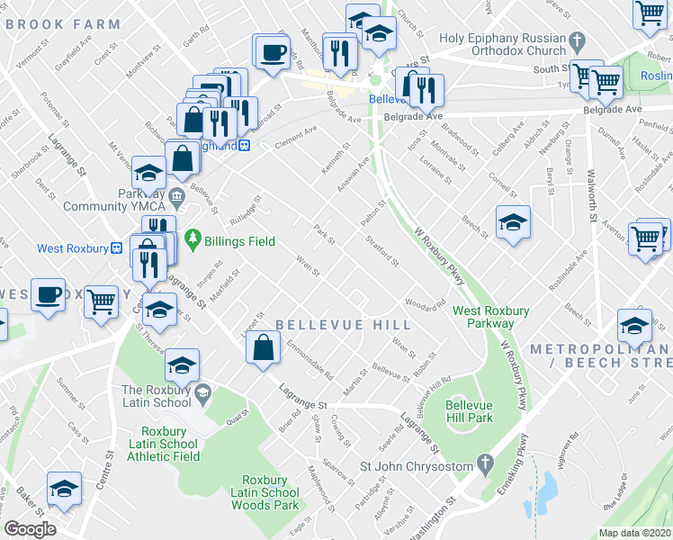 map of restaurants, bars, coffee shops, grocery stores, and more near 16 Oriole Street in Boston