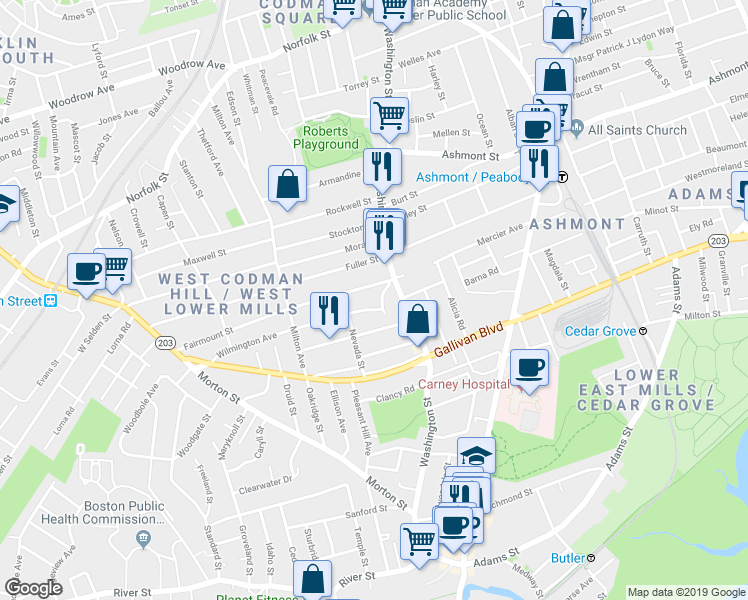 map of restaurants, bars, coffee shops, grocery stores, and more near 17 Ogden Street in Boston