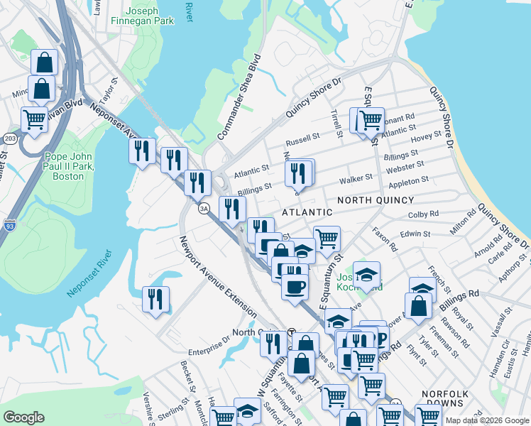 map of restaurants, bars, coffee shops, grocery stores, and more near 102 Sagamore Street in Quincy