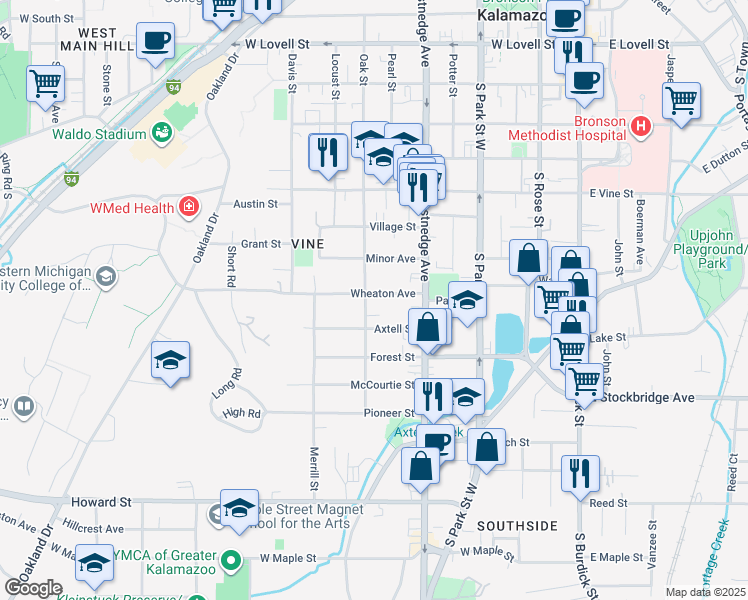 map of restaurants, bars, coffee shops, grocery stores, and more near 617 Wheaton Avenue in Kalamazoo