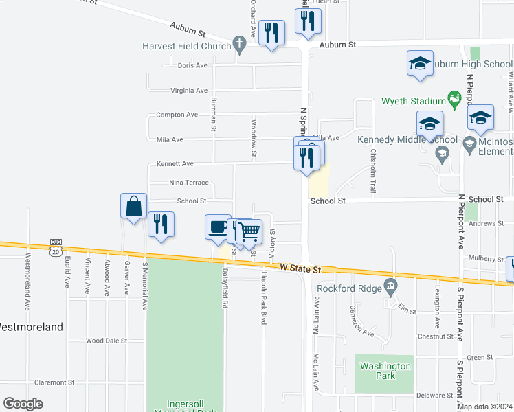 map of restaurants, bars, coffee shops, grocery stores, and more near 227 Woodrow Street in Rockford