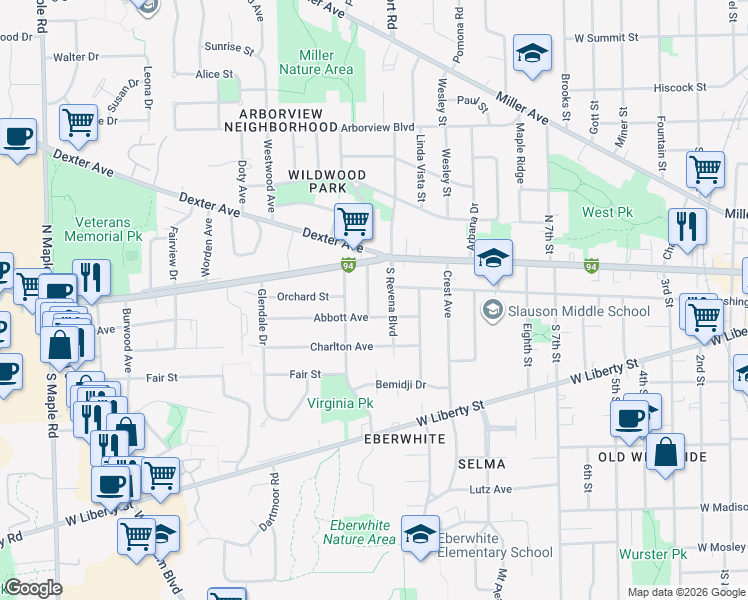 map of restaurants, bars, coffee shops, grocery stores, and more near 212 South Revena Boulevard in Ann Arbor