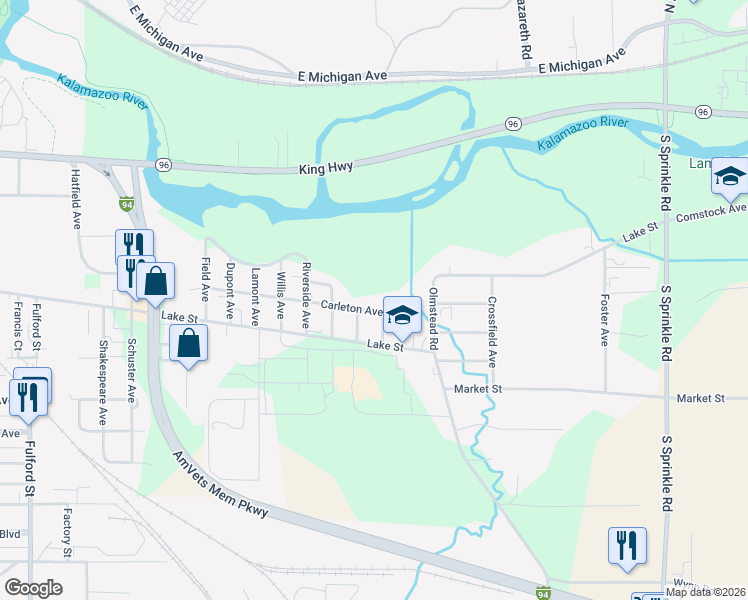 map of restaurants, bars, coffee shops, grocery stores, and more near 2909 Carleton Avenue in Kalamazoo