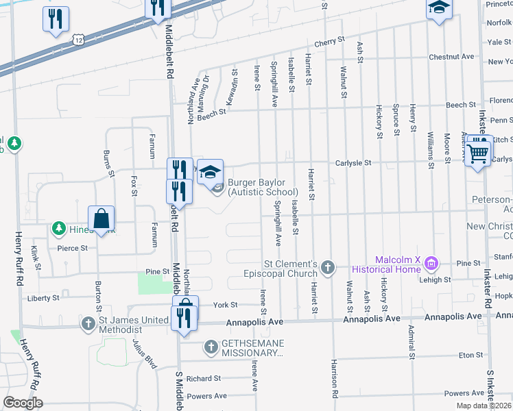 map of restaurants, bars, coffee shops, grocery stores, and more near 3860 Irene Street in Inkster