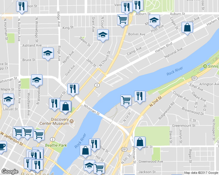 map of restaurants, bars, coffee shops, grocery stores, and more near 122 Franklin Place in Rockford
