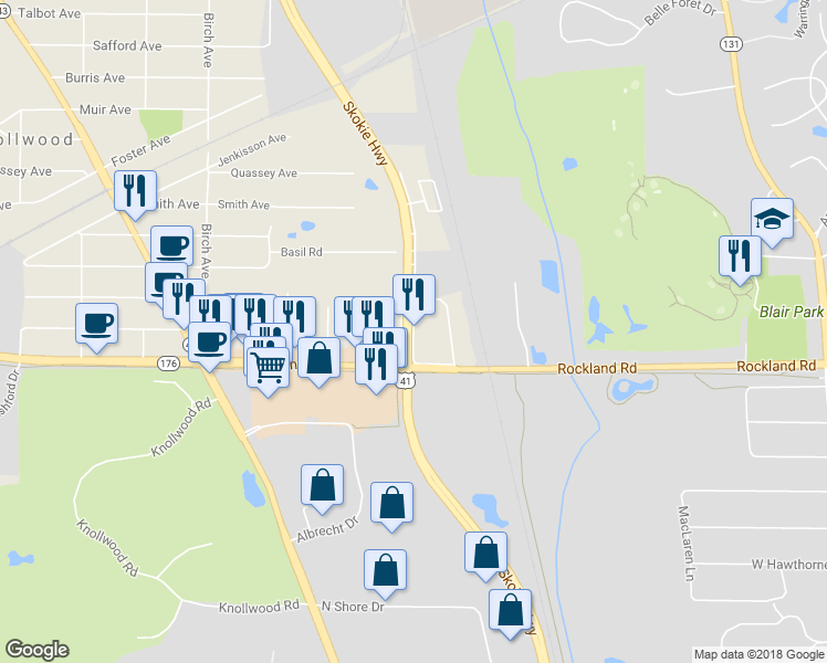 map of restaurants, bars, coffee shops, grocery stores, and more near 11 Skokie Highway in Lake Bluff