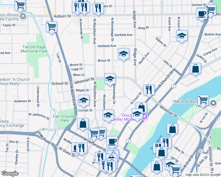 map of restaurants, bars, coffee shops, grocery stores, and more near 515 Maple Street in Rockford