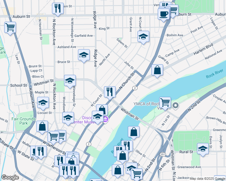 map of restaurants, bars, coffee shops, grocery stores, and more near 922 North Church Street in Rockford