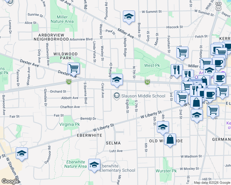 map of restaurants, bars, coffee shops, grocery stores, and more near 1109 West Washington Street in Ann Arbor