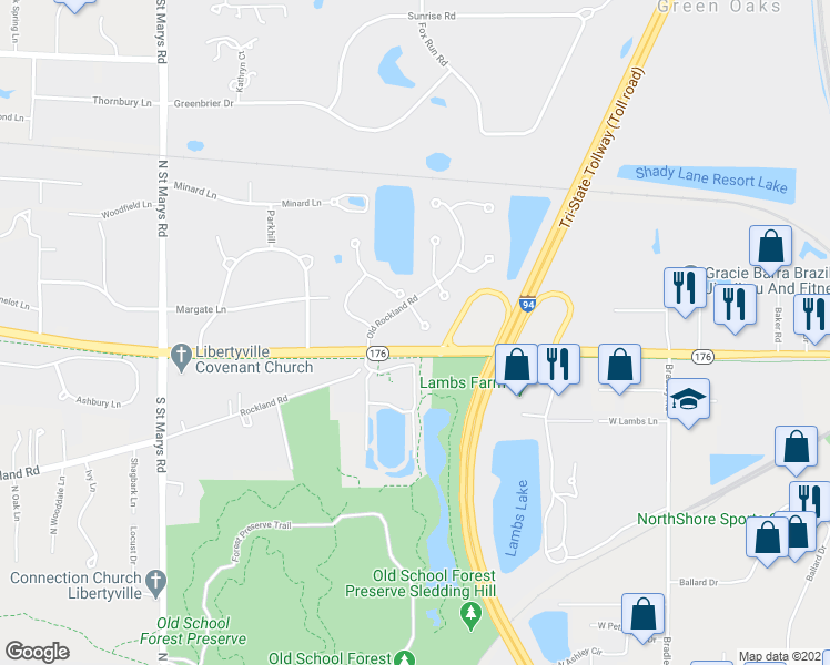 map of restaurants, bars, coffee shops, grocery stores, and more near 14481 Post Oak Court in Libertyville