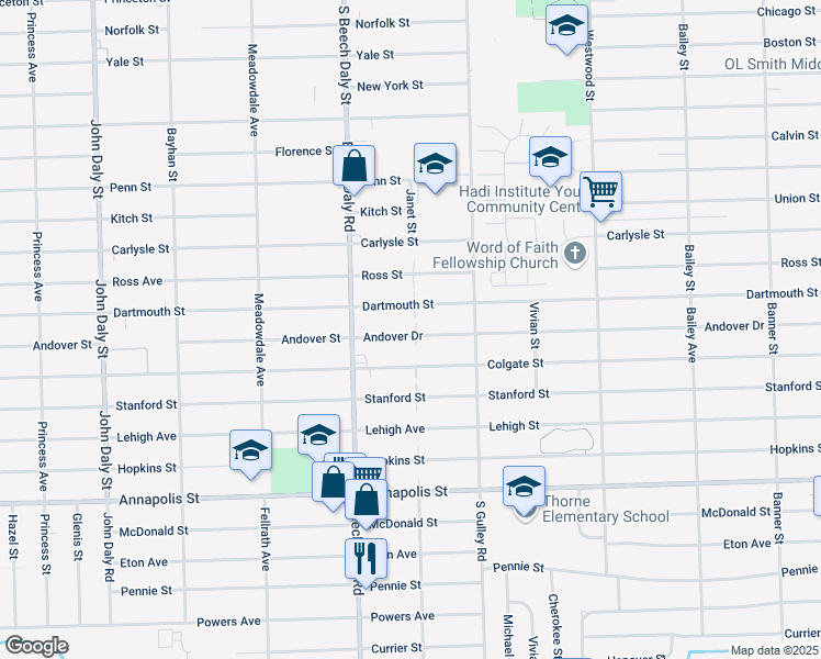 map of restaurants, bars, coffee shops, grocery stores, and more near 25606 Andover Drive in Dearborn Heights