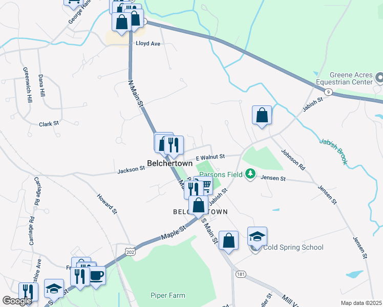 map of restaurants, bars, coffee shops, grocery stores, and more near 39 East Walnut Street in Belchertown