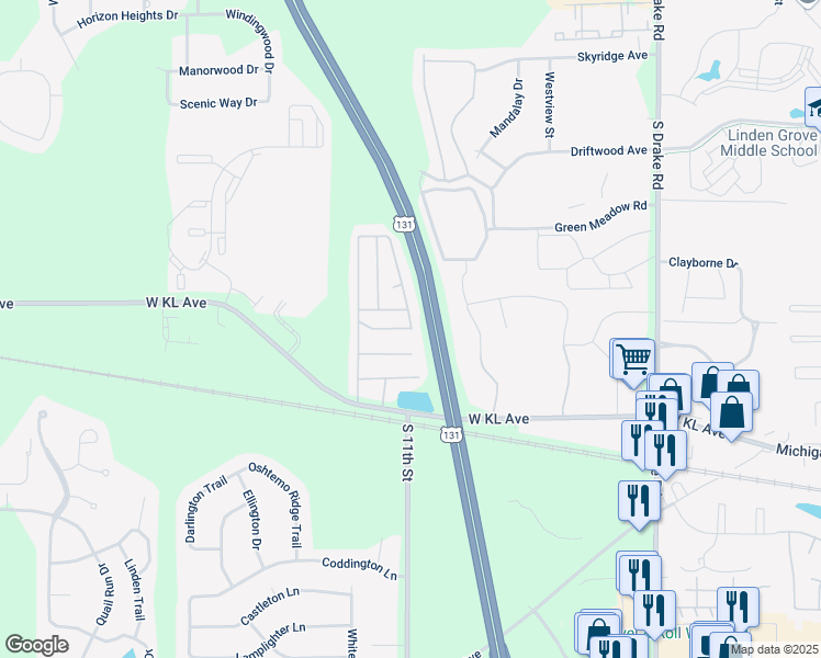 map of restaurants, bars, coffee shops, grocery stores, and more near 5400 Redcoat Lane in Kalamazoo