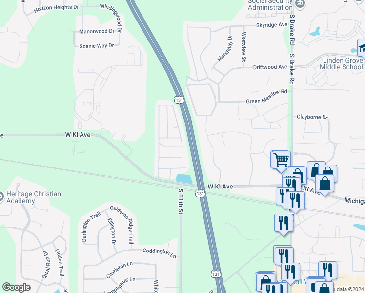 map of restaurants, bars, coffee shops, grocery stores, and more near 1199 Colonial Trail in Kalamazoo