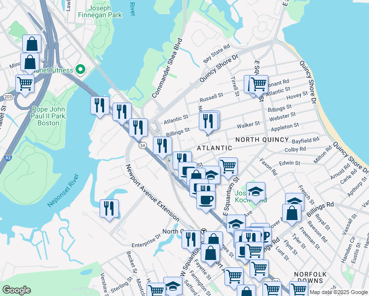 map of restaurants, bars, coffee shops, grocery stores, and more near 102 Sagamore Street in Quincy
