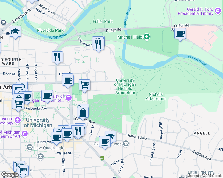 map of restaurants, bars, coffee shops, grocery stores, and more near 1447 Washington Heights in Ann Arbor