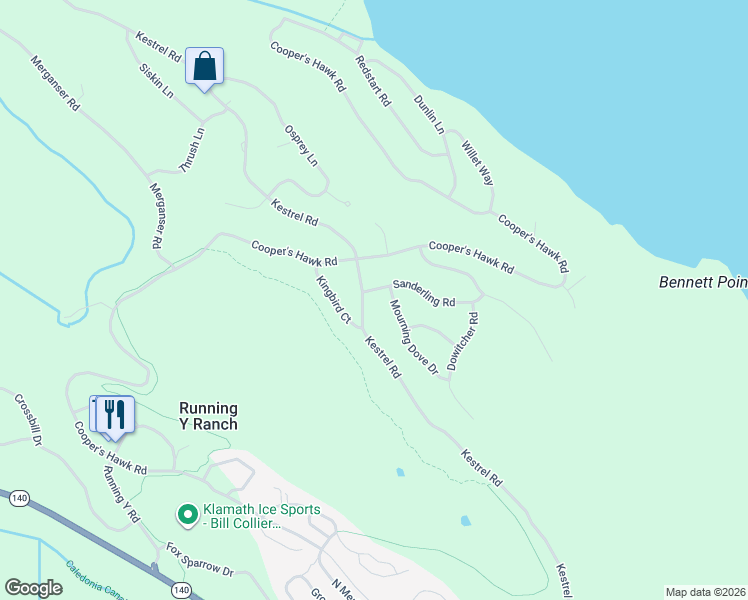 map of restaurants, bars, coffee shops, grocery stores, and more near 6104 Sanderling Road in Klamath Falls