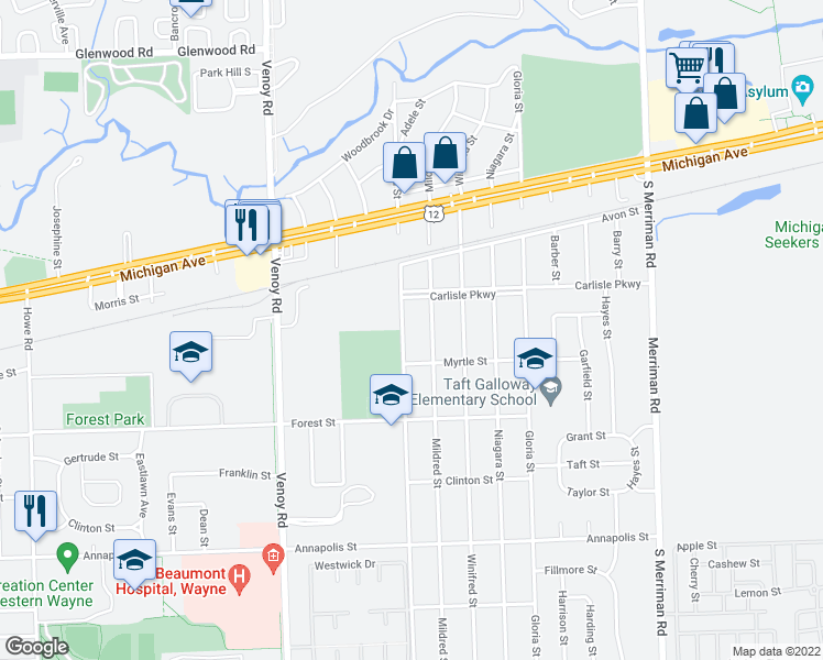 map of restaurants, bars, coffee shops, grocery stores, and more near 3793 South Hubbard Street in Wayne