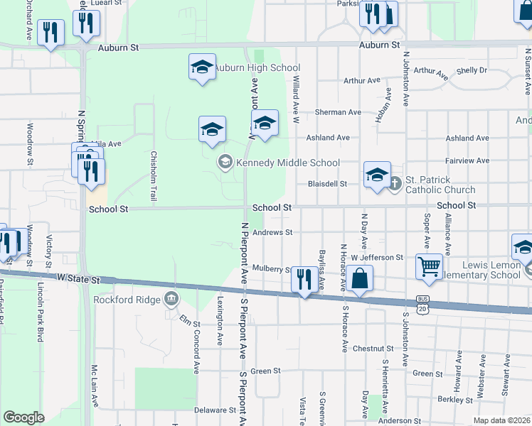 map of restaurants, bars, coffee shops, grocery stores, and more near 3122 School Street in Rockford