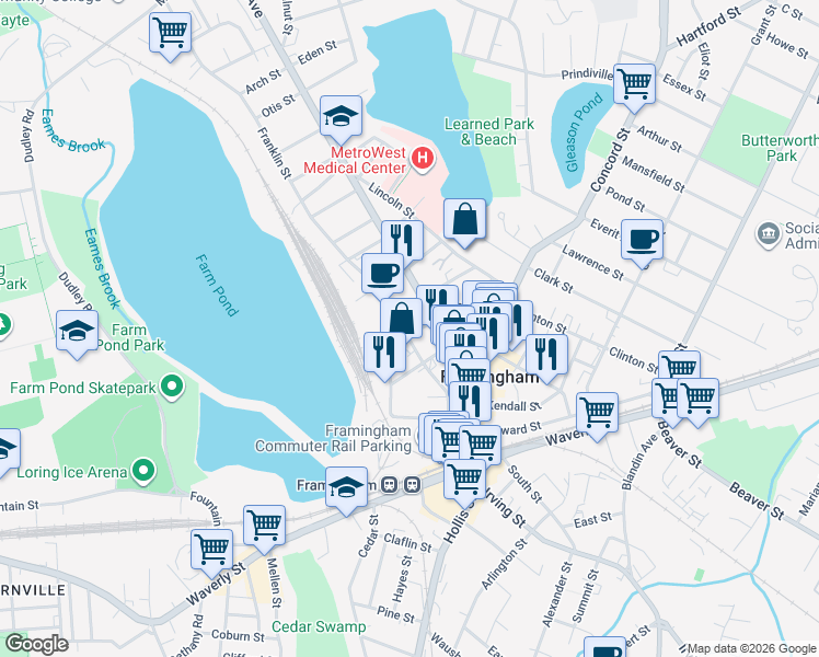 map of restaurants, bars, coffee shops, grocery stores, and more near 115 Franklin Street in Framingham