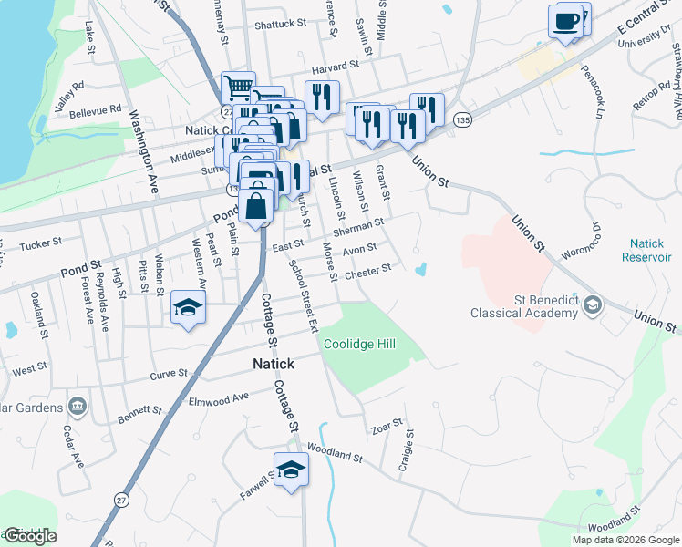 map of restaurants, bars, coffee shops, grocery stores, and more near 7 Chester Street in Natick
