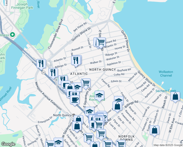 map of restaurants, bars, coffee shops, grocery stores, and more near Botolph Street in Quincy