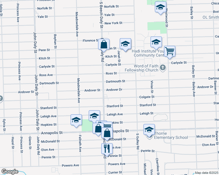map of restaurants, bars, coffee shops, grocery stores, and more near 25720 Andover Drive in Dearborn Heights