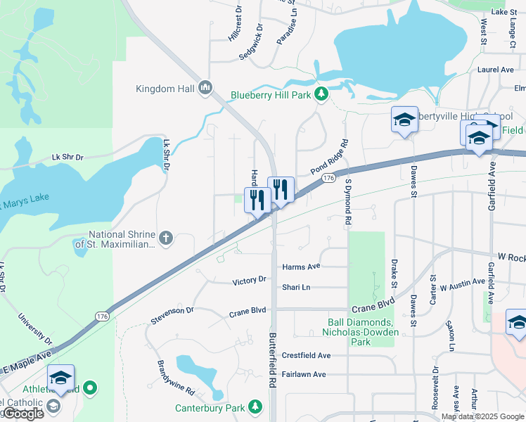 map of restaurants, bars, coffee shops, grocery stores, and more near 1214 West Park Avenue in Libertyville