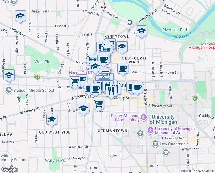 map of restaurants, bars, coffee shops, grocery stores, and more near 217 East Washington Street in Ann Arbor