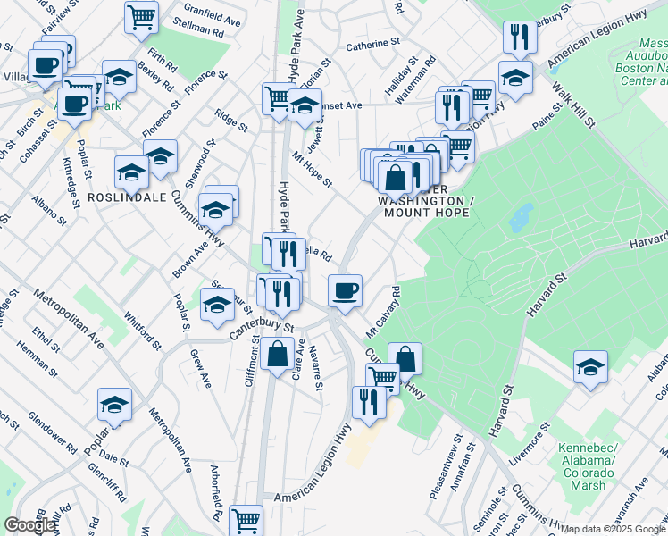 map of restaurants, bars, coffee shops, grocery stores, and more near 55 Stella Road in Boston