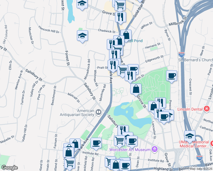 map of restaurants, bars, coffee shops, grocery stores, and more near 13A Montvale Road in Worcester