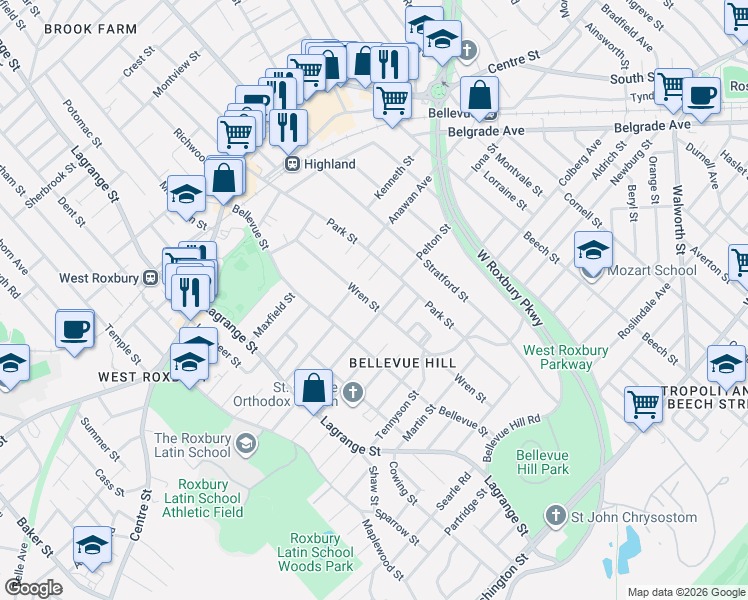 map of restaurants, bars, coffee shops, grocery stores, and more near 65 Wren Street in Boston