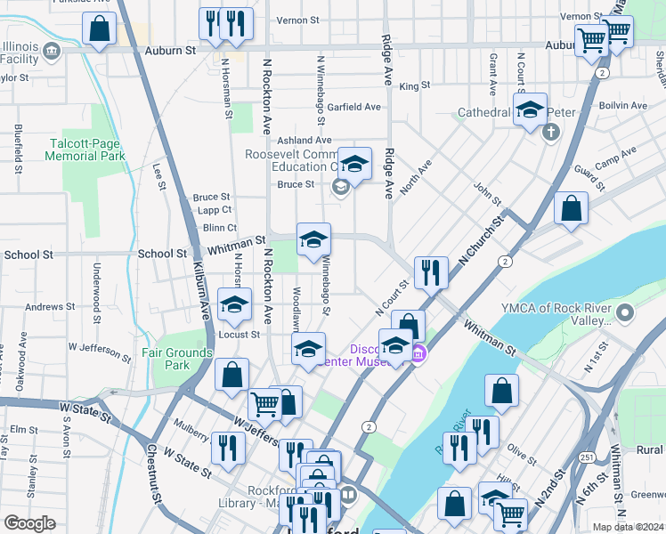 map of restaurants, bars, coffee shops, grocery stores, and more near 803 North Winnebago Street in Rockford