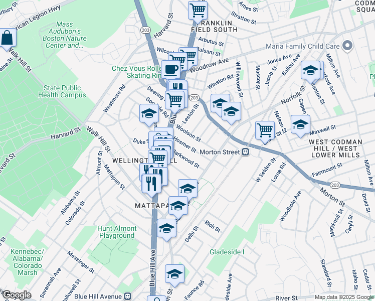 map of restaurants, bars, coffee shops, grocery stores, and more near 32 Clarkwood Street in Boston