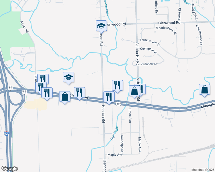 map of restaurants, bars, coffee shops, grocery stores, and more near 3557 Hannan Road in Wayne