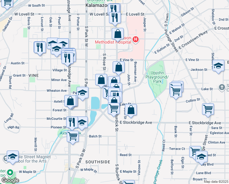 map of restaurants, bars, coffee shops, grocery stores, and more near 1120 South Burdick Street in Kalamazoo
