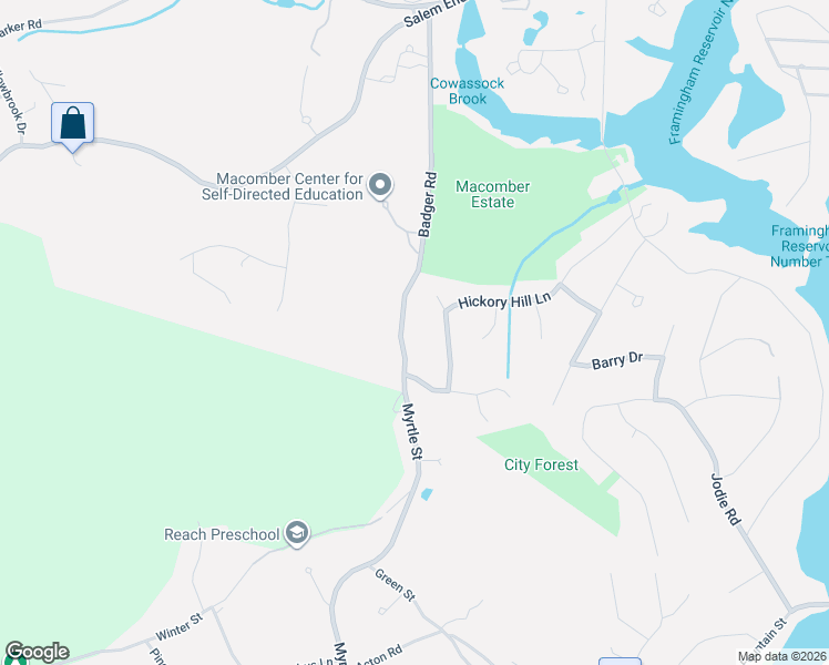 map of restaurants, bars, coffee shops, grocery stores, and more near 50 Badger Road in Framingham
