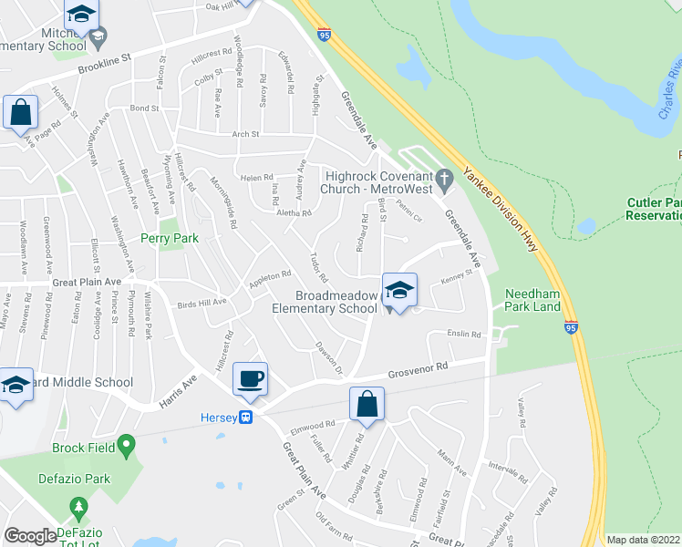 map of restaurants, bars, coffee shops, grocery stores, and more near 36 Rockwood Lane in Needham