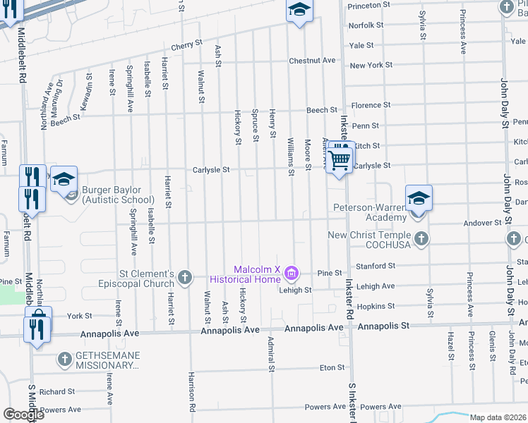 map of restaurants, bars, coffee shops, grocery stores, and more near 3925 Spruce Street in Inkster