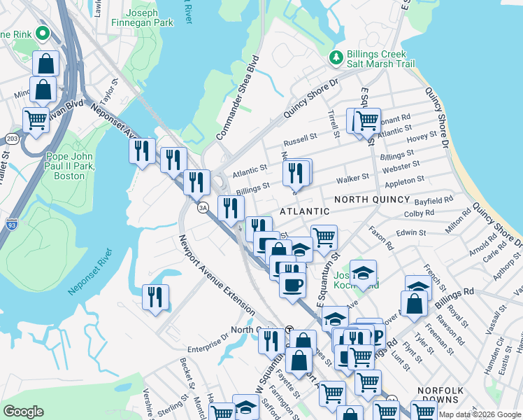 map of restaurants, bars, coffee shops, grocery stores, and more near 102 Sagamore Street in Quincy
