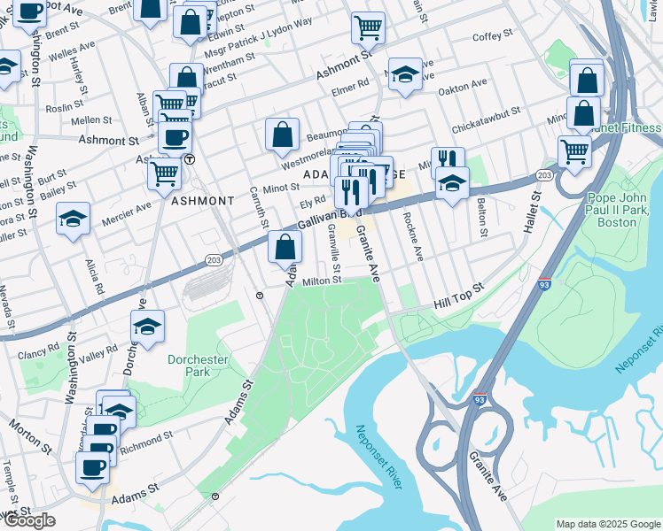map of restaurants, bars, coffee shops, grocery stores, and more near 44 Granville Street in Boston